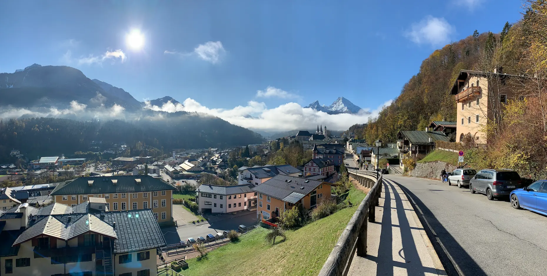 Panorama overlooking the town of Berchtesgaden, Germany. The Watzmann peak is visible in the background and covered in snow.