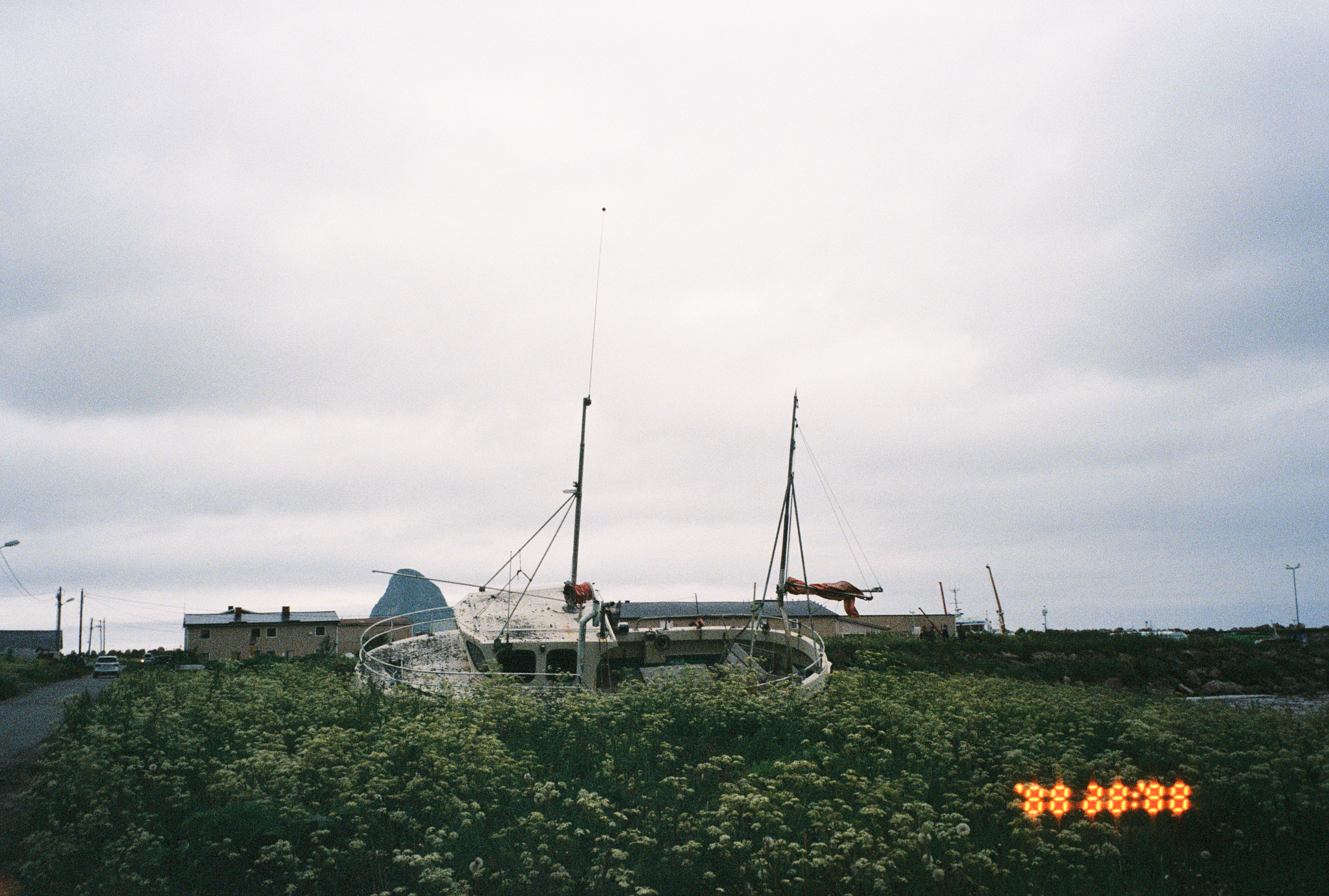 An abondoned boat in a field of wildflowers
